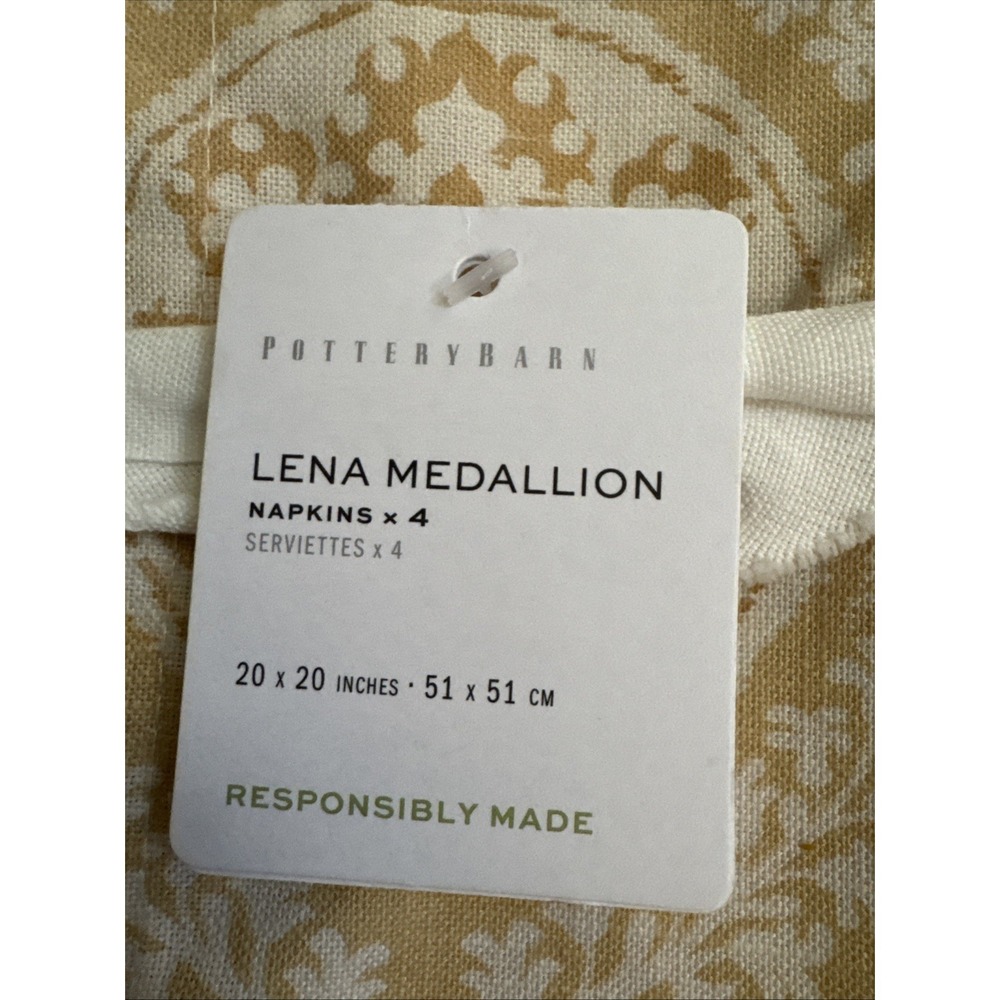 Pottery Barn Lena Medallion Yellow Set/4 Organic Cotton Napkins 20"x20" New! - Picture 2 of 6